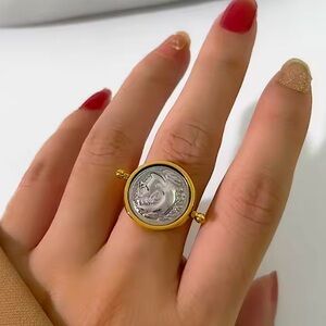 Gold Greek Roman Signet Ring Flip Zeus Hercules Unisex Double Sided Disc God…